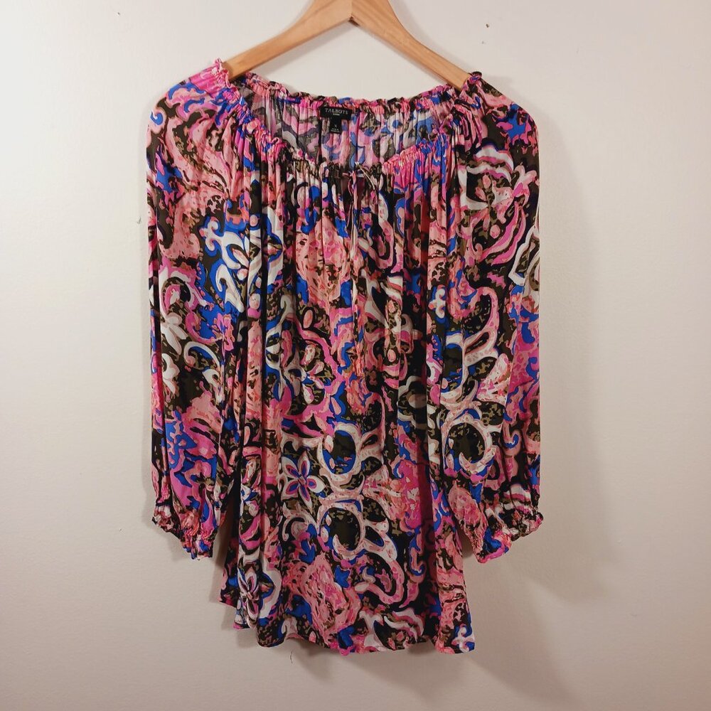 Talbots, Size X Top, Beautiful Multi-Color Print, Tie, Stretch Neck, 3/4 Sleeve - Picture 3 of 12